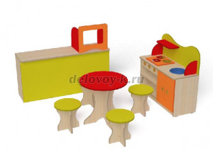 Игровая зона Кафе. Стол 550*550*520, Табурет 300*300*310, Кухня 850*350*800, Прилавок 1200*350*930 рис1